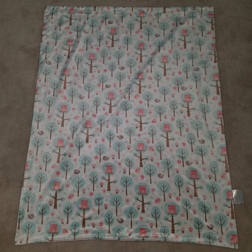 RN 119741 Pink OWLS Fleece Baby Blanket Reversible Lovey Bird Blue Trees Flowers